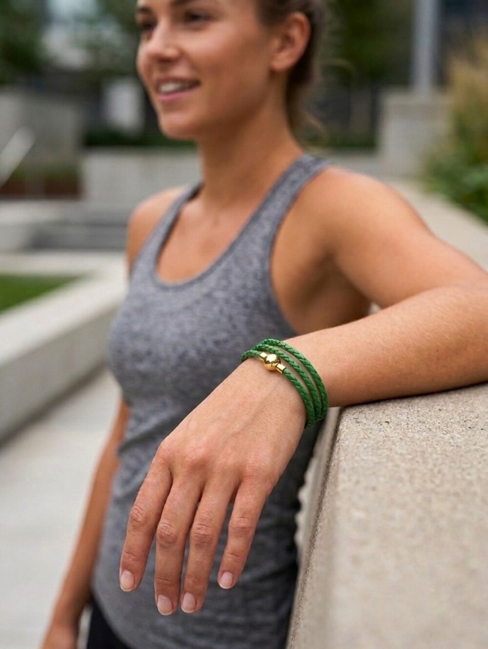 Linx Triple Wrap Green Leather Braided Cord Bracelet Gold Magnetic Clasp